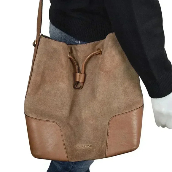 Michael Kors Cary Medium Suede Bucket Bag Purse Brown Shoulder Satchel Crossbody - Picture 7 of 15
